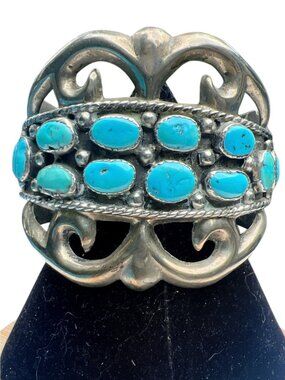 Vintage Sterling Silver & Turquoise Cuff Bracelet With Intricate Details